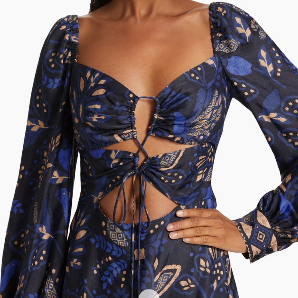 🌴 Farm Rio Macaw Forest Cutout Dress L | Blue Tropical Tie-Front Midi Balloon